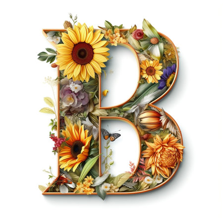 Floral and sunflower, colorful illustration letter B Generative AIの素材