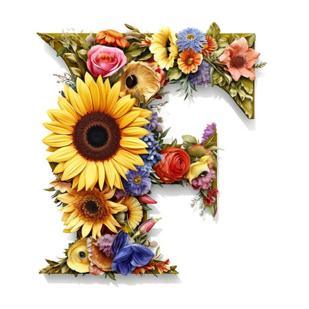 Floral and sunflower, colorful illustration letter F Generative AIの素材