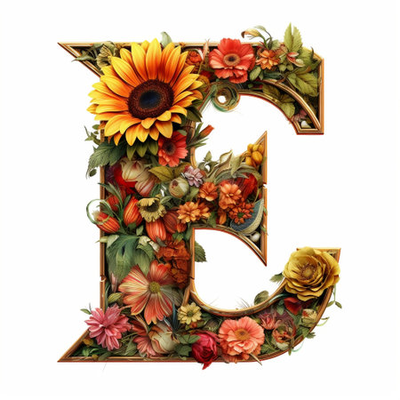 Floral and sunflower, colorful illustration letter E Generative AIの素材