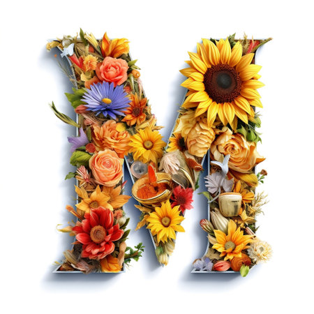 Floral and sunflower, colorful illustration letter M Generative AIの素材