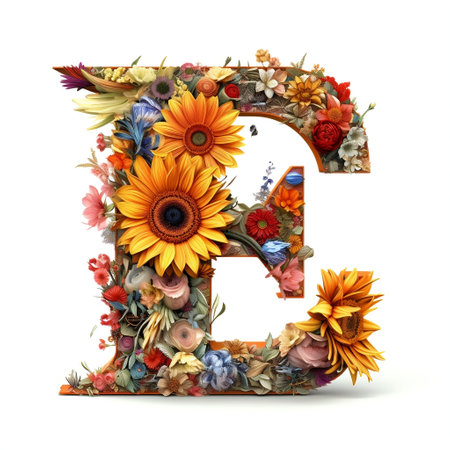 Floral and sunflower, colorful illustration letter E Generative AIの素材