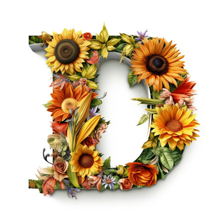 Floral and sunflower, colorful illustration letter D Generative AIの素材