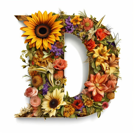 Floral and sunflower, colorful illustration letter D Generative AIの素材