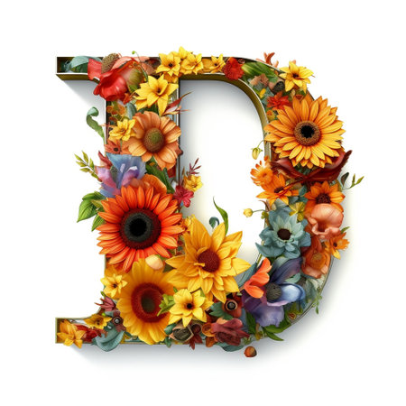 Floral and sunflower, colorful illustration letter DGenerative AIの素材