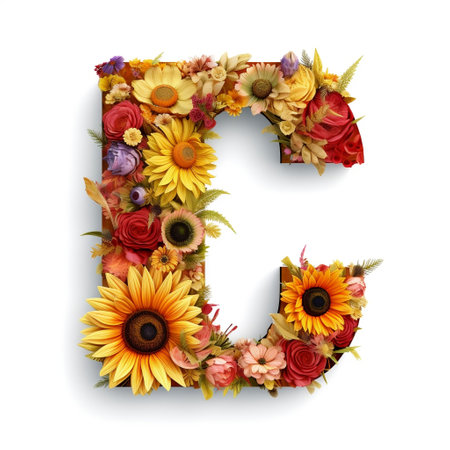 Floral and sunflower, colorful illustration letter C Generative AIの素材