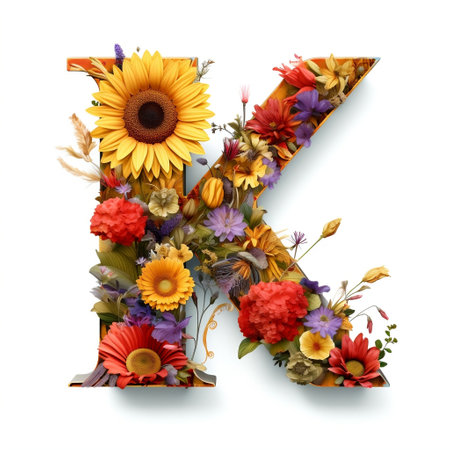 Floral and sunflower, colorful illustration letter K Generative AIの素材