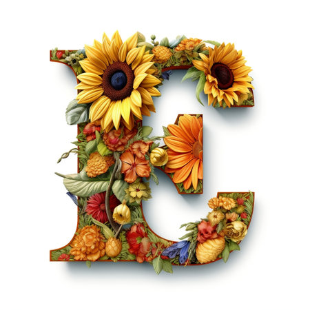 Floral and sunflower, colorful illustration letter E Generative AIの素材