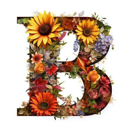 Floral and sunflower, colorful illustration letter B Generative AIの素材