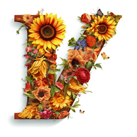 Floral and sunflower, colorful illustration letter K Generative AIの素材