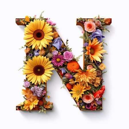 Floral and sunflower, colorful illustration letter N Generative AIの素材
