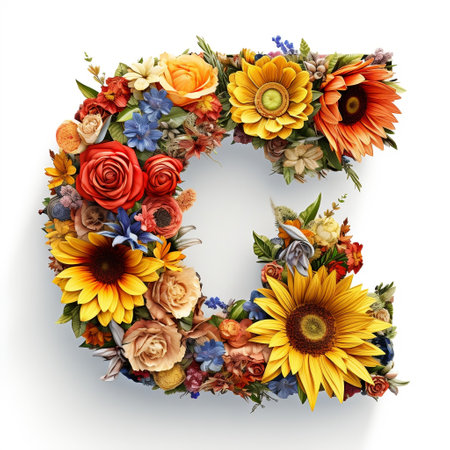 Floral and sunflower, colorful illustration letter C Generative AIの素材