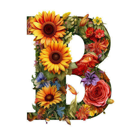 Floral and sunflower, colorful illustration letter B Generative AIの素材