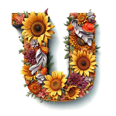 Floral and sunflower, colorful illustration letter U Generative AIの素材