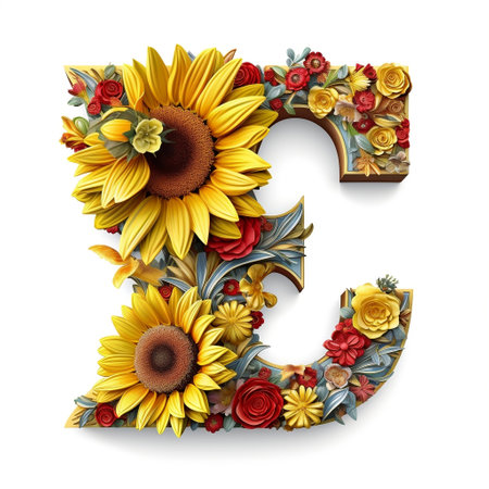 Floral and sunflower, colorful illustration letter E Generative AIの素材