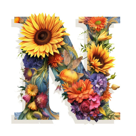 Floral and sunflower, colorful illustration letter N Generative AIの素材