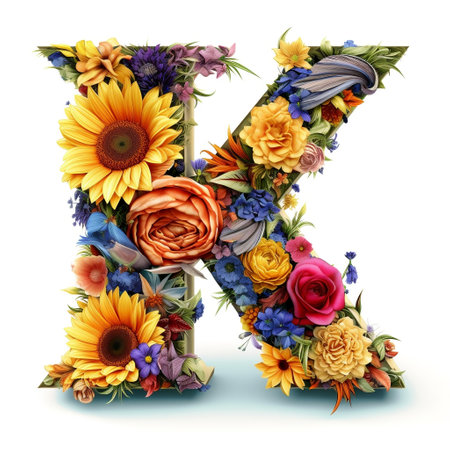 Floral and sunflower, colorful illustration letter K Generative AIの素材