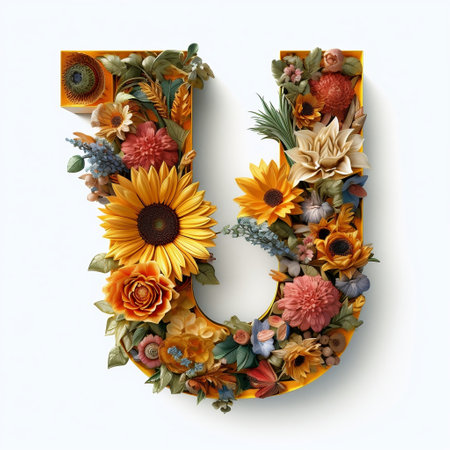 Floral and sunflower, colorful illustration letter U Generative AIの素材