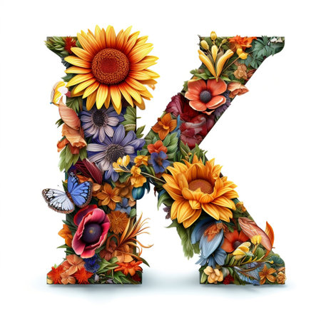 Floral and sunflower, colorful illustration letter K Generative AIの素材
