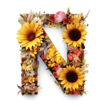 Floral and sunflower, colorful illustration letter N Generative AIの素材