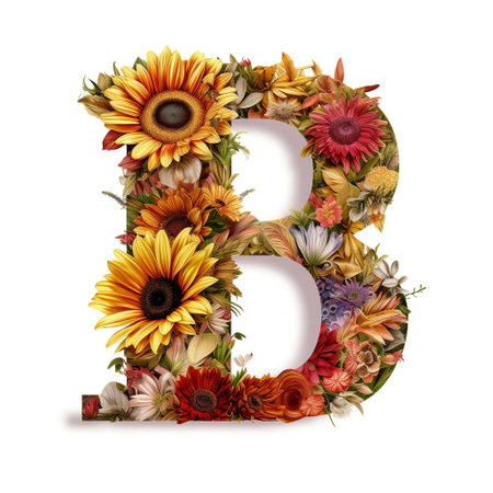 Floral and sunflower, colorful illustration letter B Generative AIの素材