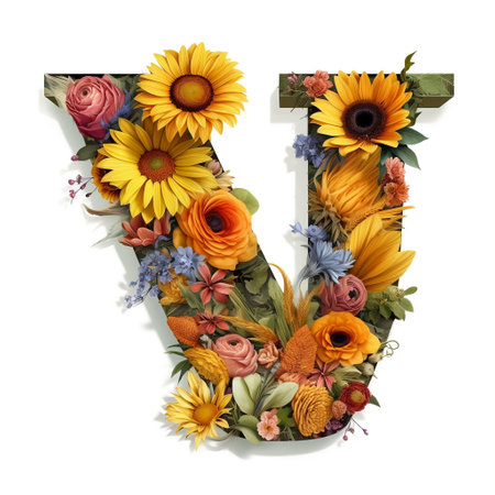 Floral and sunflower, colorful illustration letter V Generative AIの素材