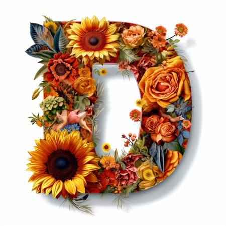 Floral and sunflower, colorful illustration letter D Generative AIの素材