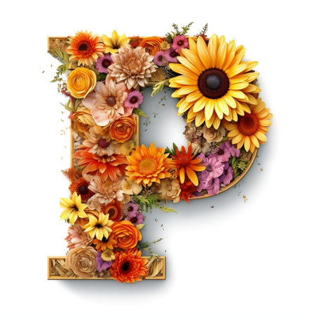 Floral and sunflower, colorful illustration letter P Generative AIの素材