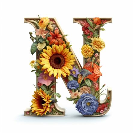 Floral and sunflower, colorful illustration letter N Generative AIの素材