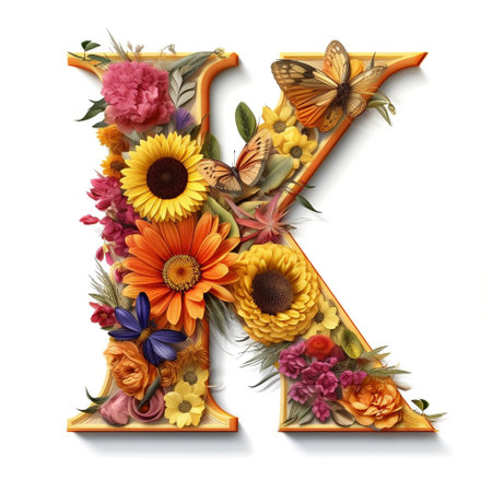 Floral and sunflower, colorful illustration letter K Generative AIの素材