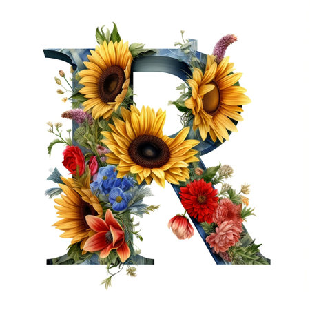 Floral and sunflower, colorful illustration letter R Generative AIの素材