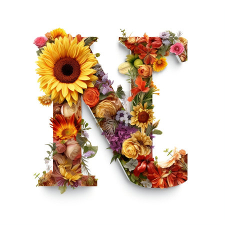 Floral and sunflower, colorful illustration letter N Generative AIの素材