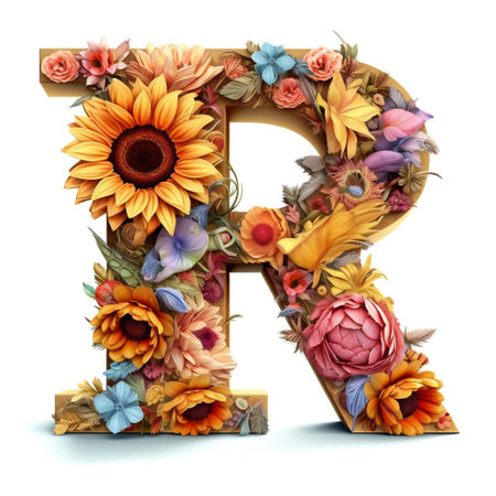 Floral and sunflower, colorful illustration letter R Generative AIの素材