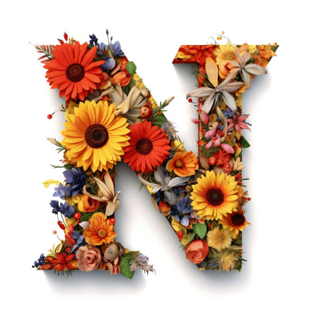 Floral and sunflower, colorful illustration letter N Generative AIの素材
