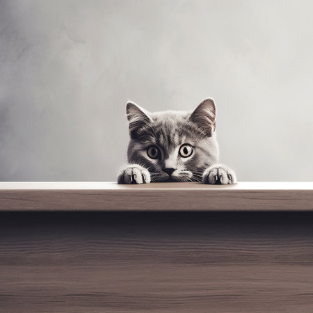 A Cute Cat Peering over a Table with Large Empty Space Generative AIの素材