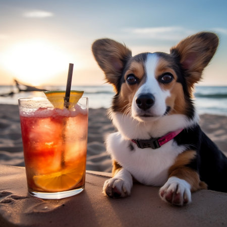 Dog Enjoying a Cocktail on the Beach Generative AIの素材
