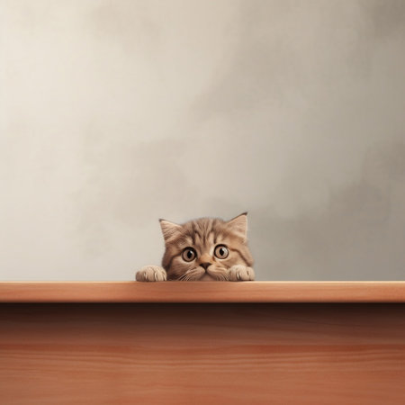 A Cute Cat Peering over a Table with Large Empty Space Generative AIの素材
