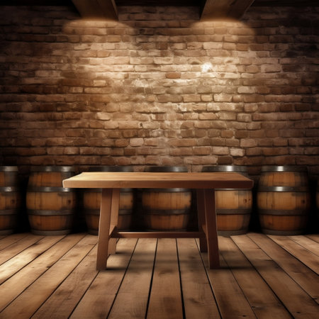 Wooden Table with Wine Cellar Background Generative AIの素材