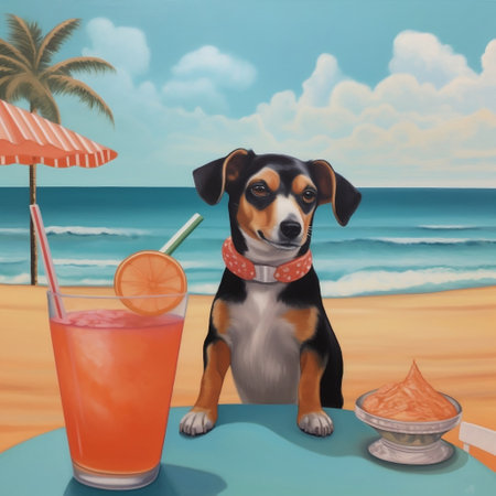 Dog Enjoying a Cocktail on the Beach Generative AIの素材