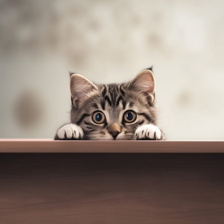 A Cute Cat Peering over a Table with Large Empty Space Generative AIの素材