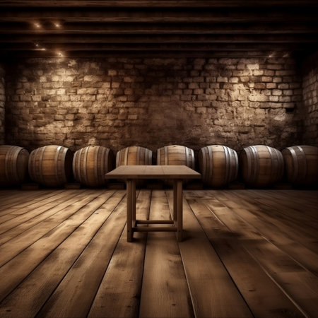 Wooden Table with Wine Cellar Background Generative AIの素材