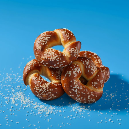 Bavarian Pretzels on Blue Background with Sesame Seeds Generative AIの素材