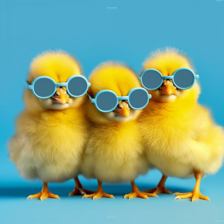 Three Yellow Chicks with Blue Sunglasses and a Bang Generative AIの素材