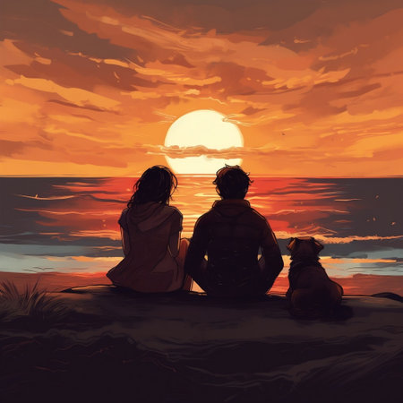 A Couple Watching Sunset on Beach Generative AIの素材