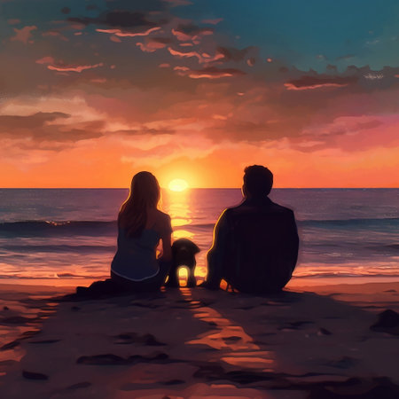A Couple Watching Sunset on Beach Generative AIの素材