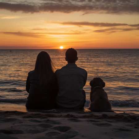 A Couple Watching Sunset on Beach Generative AIの素材