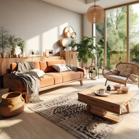 Modern Living Room with Wooden Furniture Generative AIの素材