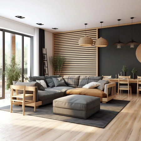 Modern Living Room with Wooden Furniture Generative AIの素材