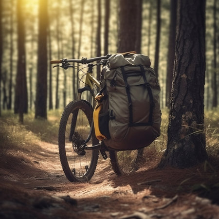 Mountain Bike with Backpack Standing Near Tree in Jungle Generative AIの素材