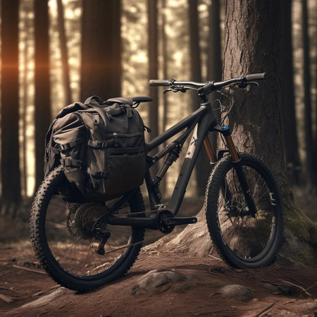 Mountain Bike with Backpack Standing Near Tree in Jungle Generative AIの素材