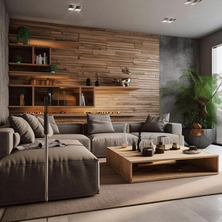 Modern Living Room with Wooden Furniture Generative AIの素材